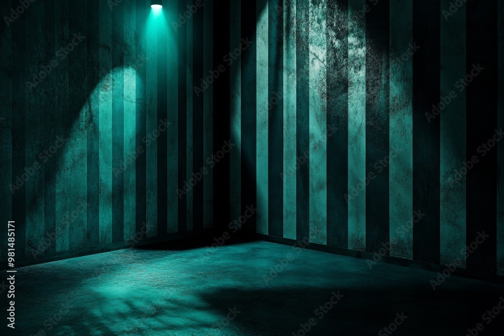 Visualize a spooky room with teal stripes and dramatic lighting, creating an atmosphere perfect for cinematic or artistic projects that embrace a gothic touch and aesthetic appeal Visualize a spooky room with teal stripes and dramatic lighting, creating an atmosphere perfect for cinematic or artistic projects that embrace a gothic touch and aesthetic appeal