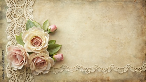 Beautiful vintage background featuring delicate roses and lace, perfect for invitations or romantic themes.