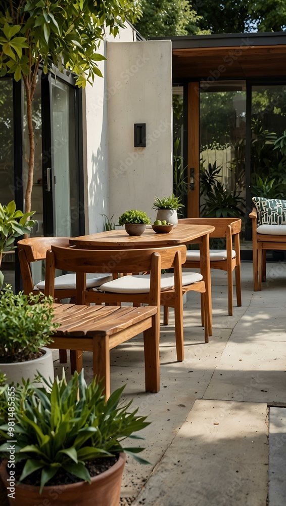 Fototapeta premium Midcentury modern patio with teak furniture and greenery.