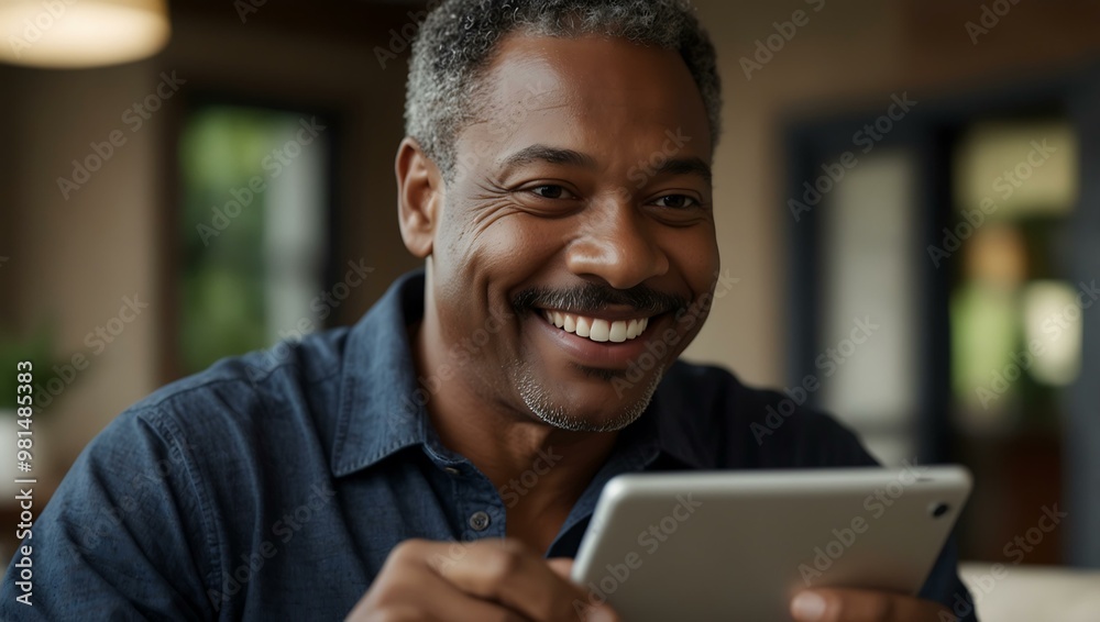 Middle-aged African-American man smiling while using a tablet. Middle-aged African-American man smiling while using a tablet.