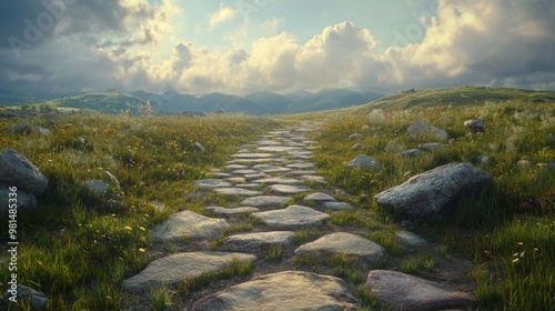 Stone Pathway Through Open Landscape, a tranquil scene featuring a winding stone path meandering through lush greenery under an expansive sky, emphasizing serenity and simplicity.