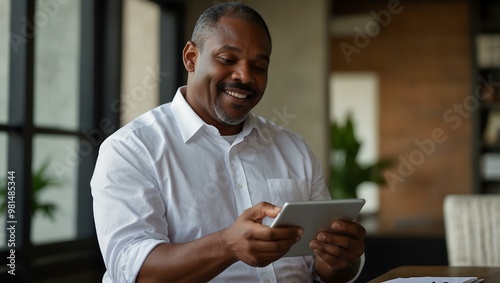 Middle-aged African-American man in a white shirt using a tablet