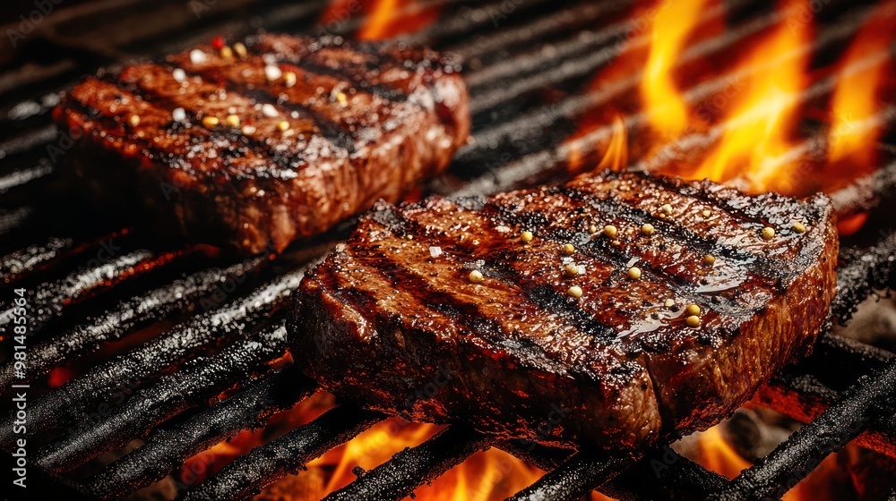Grilling steaks on flaming grill. Steaks cooking over flaming grill. Beef steaks on the grill. Grilling steaks on flaming grill. Steaks cooking over flaming grill. Beef steaks on the grill.