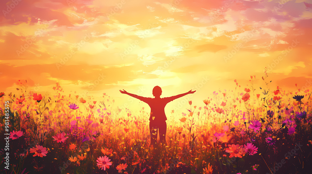 Fototapeta premium Silhouette of a person with open arms facing the sunrise among meadow flowers. Joyful. Illustration