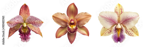 Set of A single elegant orchid flower with striking colors and patterns isolated on transparent background