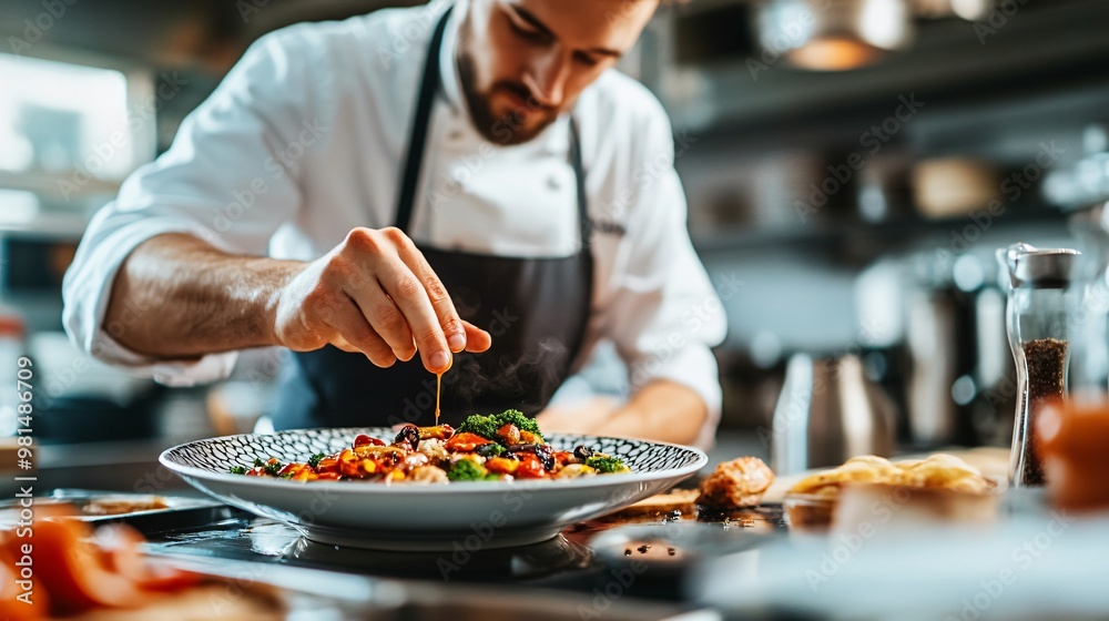 chef in a well-equipped kitchen arranging microgreens on a plated dish with precision, copy space chef in a well-equipped kitchen arranging microgreens on a plated dish with precision, copy space