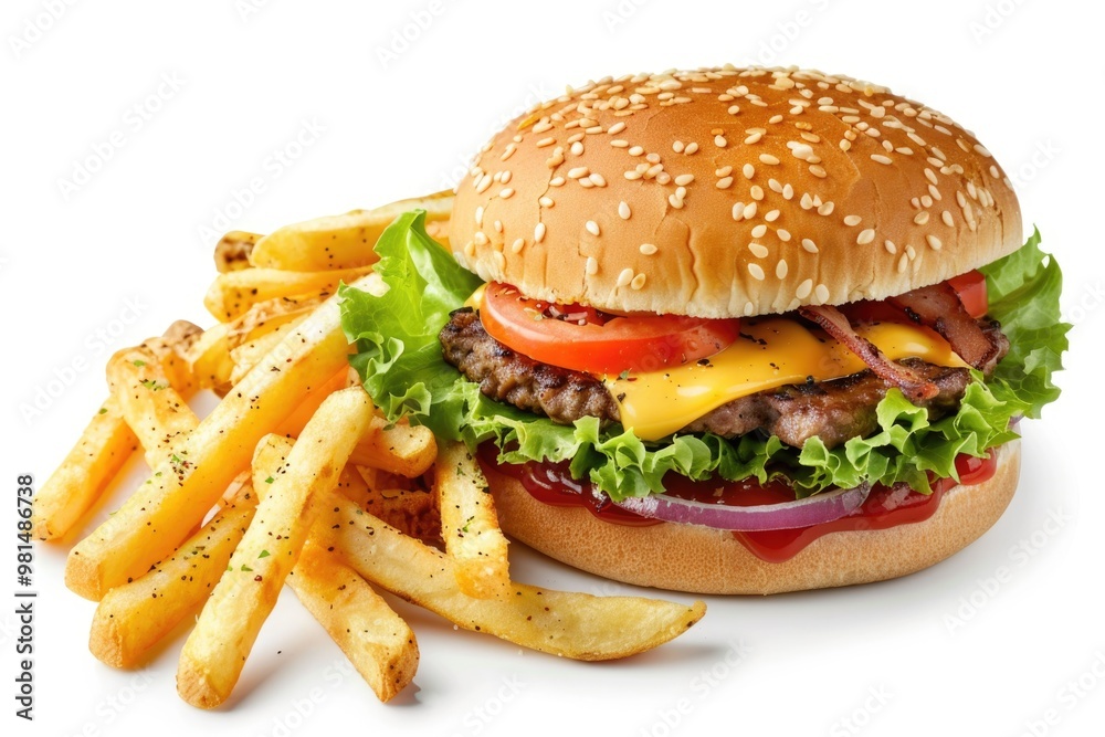 A delicious burger and crispy fries on a clean surface, ideal for food photography or illustration