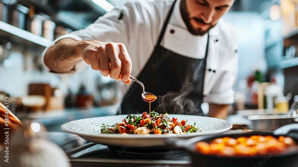 chef in a well-equipped kitchen arranging microgreens on a plated dish with precision, copy space chef in a well-equipped kitchen arranging microgreens on a plated dish with precision, copy space