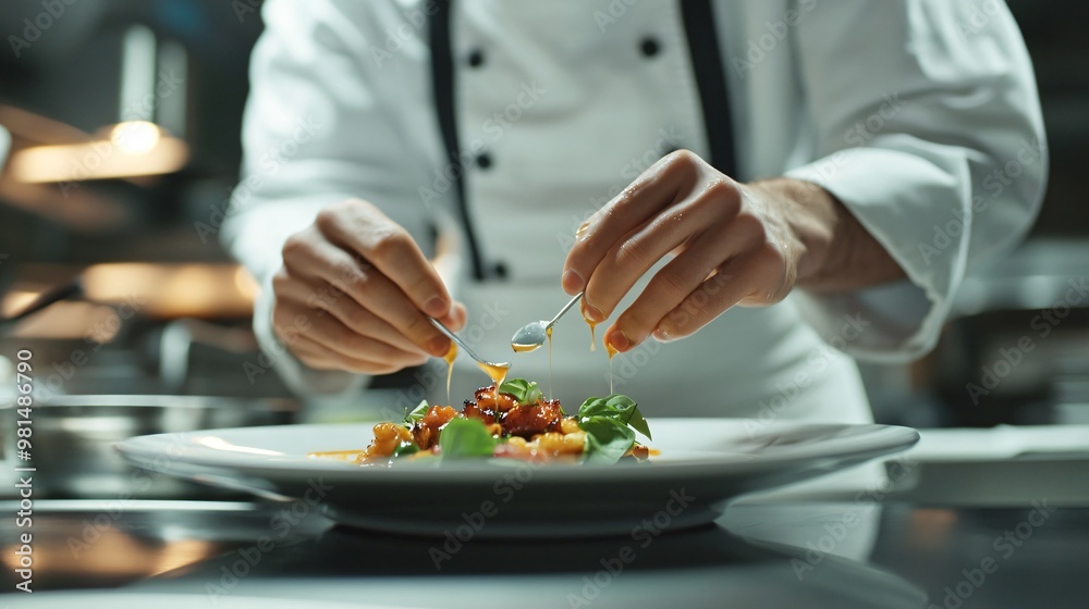 chef in a well-equipped kitchen arranging microgreens on a plated dish with precision, copy space chef in a well-equipped kitchen arranging microgreens on a plated dish with precision, copy space