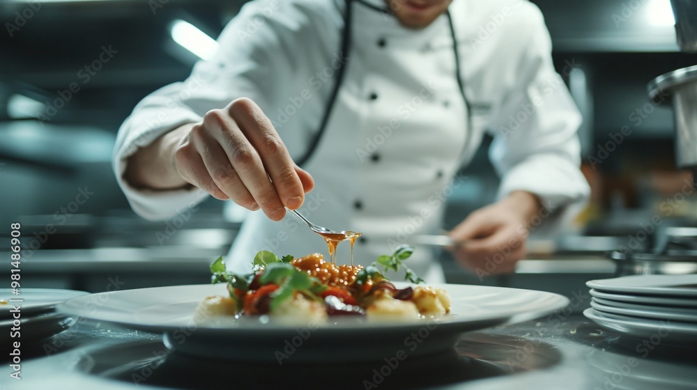 chef in a well-equipped kitchen arranging microgreens on a plated dish with precision, copy space chef in a well-equipped kitchen arranging microgreens on a plated dish with precision, copy space