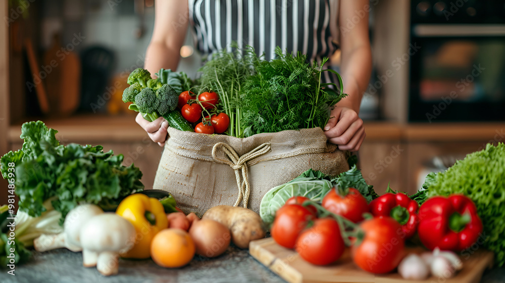 Fototapeta premium Woman holding a bag filled with fresh vegetables in a kitchen surrounded by colorful produce