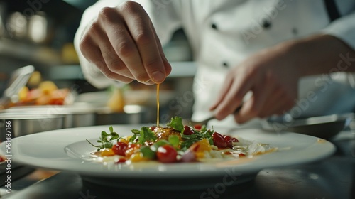 chef in a well-equipped kitchen arranging microgreens on a plated dish with precision, copy space