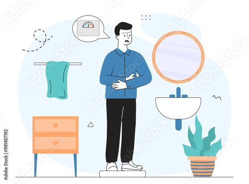 Man got fat. Young guy holding his stomach and thinking about his weight. Unhealthy diet and bad nutrition. Fatty person loss weight. Linear vector illustration