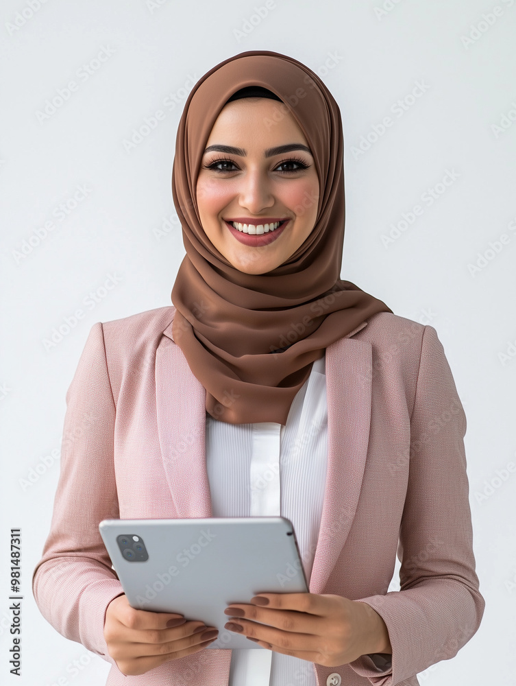 Portrait of a woman wearing pink business suit and hijab using ipad or tab, successful smiling Arabic woman in pink business suit. Muslim businesswoman. isolated on white background Portrait of a woman wearing pink business suit and hijab using ipad or tab, successful smiling Arabic woman in pink business suit. Muslim businesswoman. isolated on white background