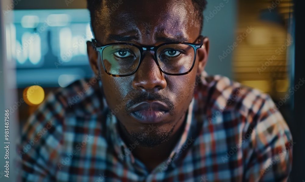 Close-up of focused african american black man wearing glasses working with computer, concentrating on digital tasks in office Close-up of focused african american black man wearing glasses working with computer, concentrating on digital tasks in office
