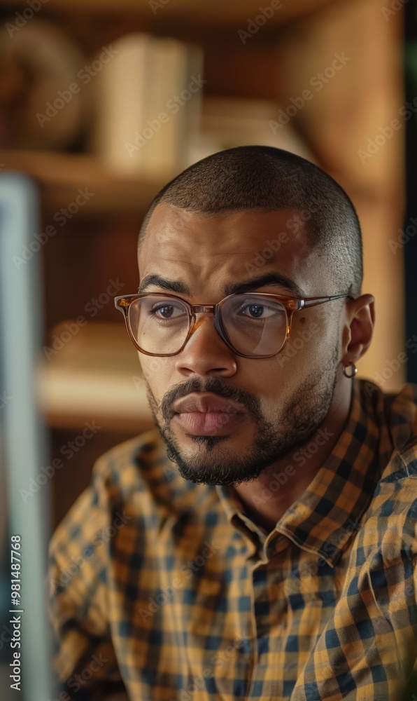 Close-up of focused african american black man wearing glasses working with computer, concentrating on digital tasks in office Close-up of focused african american black man wearing glasses working with computer, concentrating on digital tasks in office