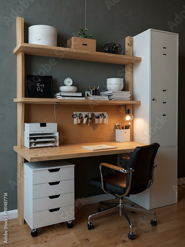 Minimalist workspace with flexible design and lots of storage for stationery.