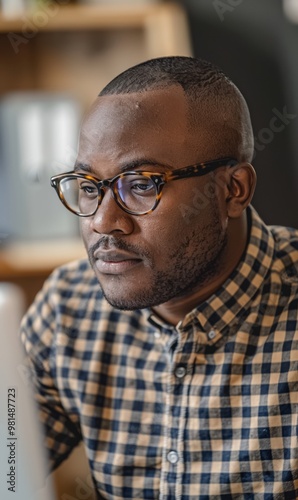 Close-up of focused african american black man wearing glasses working with computer, concentrating on digital tasks in office