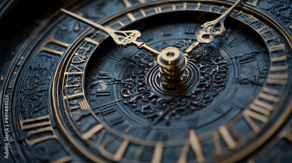 Fototapeta premium Close-up of an ornate clock face with Roman numerals and gold hands, showing the passing of time.