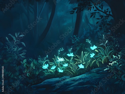 Ethereal Bioluminescent Plants in a Mystical Forest Landscape