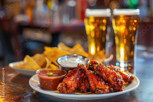 A plate of juicy chicken wings served with crispy chips and a refreshing glass of beer
