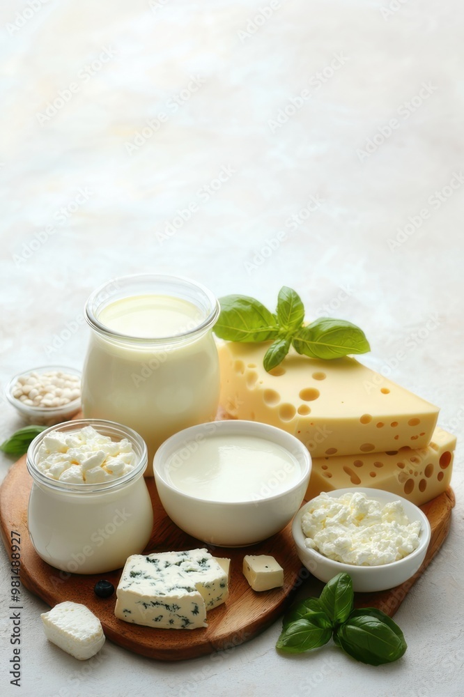 A wooden tray with a variety of dairy products including milk, cheese A wooden tray with a variety of dairy products including milk, cheese