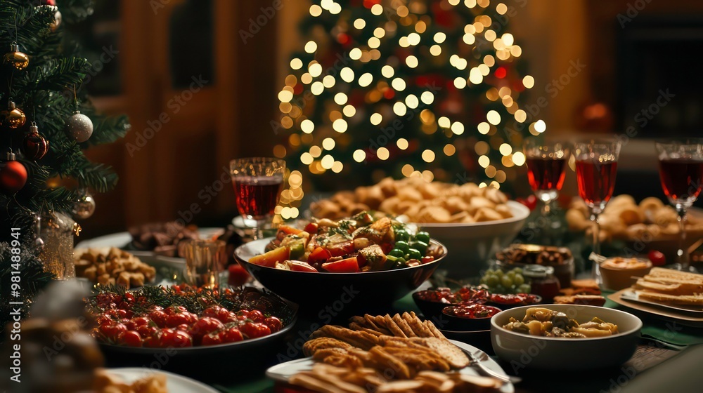 Christmas table setting with appetizers, drinks, and a decorated tree in the background. Christmas table setting with appetizers, drinks, and a decorated tree in the background.