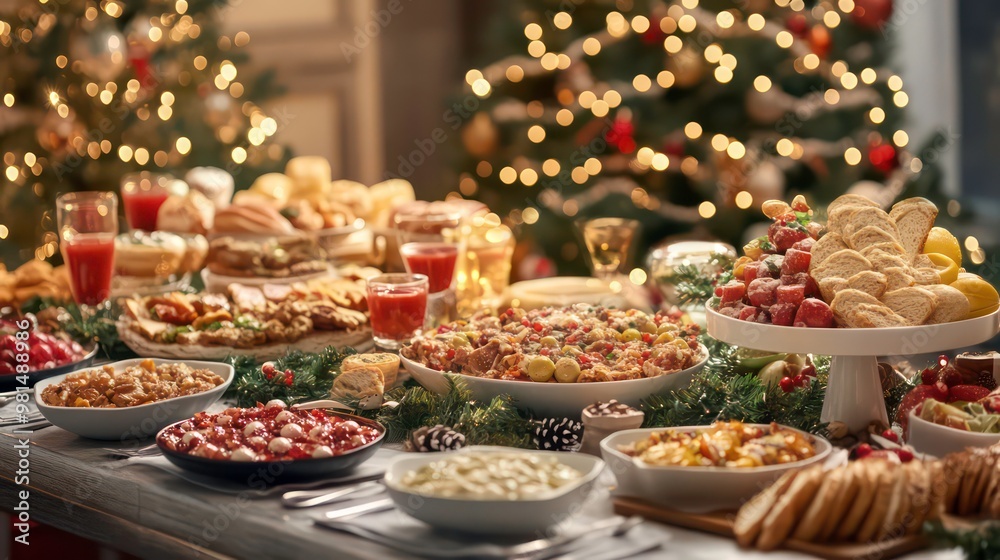 Festive Christmas table setting with a variety of dishes, including a casserole, bread, and salad. Festive Christmas table setting with a variety of dishes, including a casserole, bread, and salad.