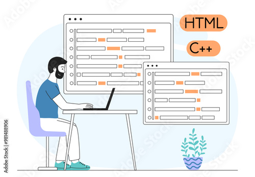 Programmer with computer languages. Young guy on laptop writes code for application and program. IT specialist at work. Front end and back end developer. Linear vector illustration