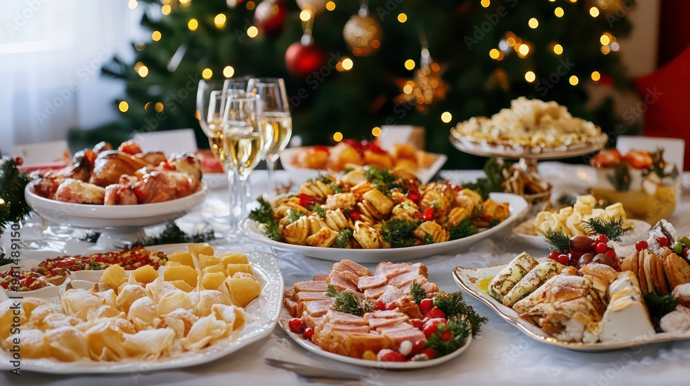 Festive table setting with Christmas tree in background and a variety of appetizers and desserts. Festive table setting with Christmas tree in background and a variety of appetizers and desserts.