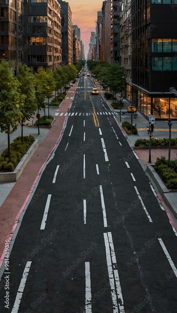Modern city street with roads, pedestrian paths, and vibrant exteriors. Modern city street with roads, pedestrian paths, and vibrant exteriors.