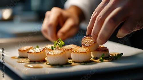 chef in a well-equipped kitchen arranging microgreens on a plated dish with precision, copy space