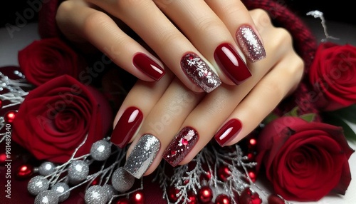 A close-up of a hand with polished nails in shades of red and silver, adorned with glitter, complemented by a bouquet of red roses and silver decorative beads.

