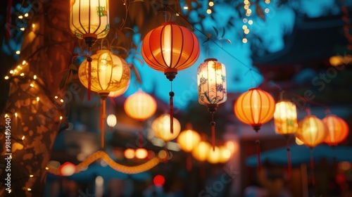 A bunch of lanterns hang from a tree branch, creating a warm and cozy atmosphere