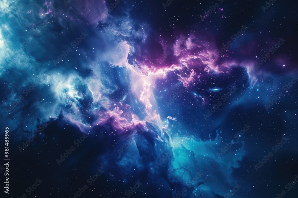 A stunning space scene featuring a blue and purple nebula with bright stars in the background A stunning space scene featuring a blue and purple nebula with bright stars in the background