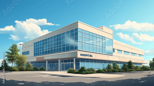 illustration, hospital building with text "HOSPITAL" on it. Exterior, view on big hospital building. Healthcare theme. Centre for medical consultation, assistance.