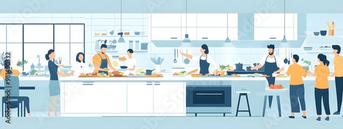 A group of people cooking in the kitchen, a flat design illustration with an isometric perspective and a white background