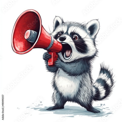 cute raccoon hand holding a red megaphone. screaming, Promotion, action, holiday, ad, job questions. Vacancy. Business discount concept, communication photo