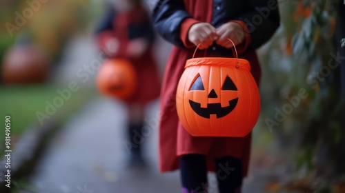 Close up of a child holding a pumpkin-shaped Halloween trick or treat bucket. photo