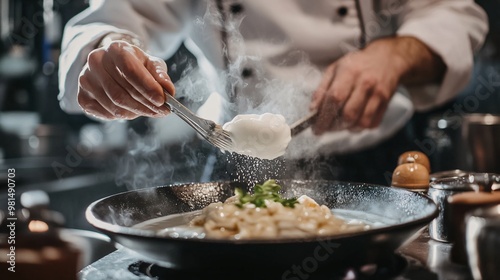 chef in a well-equipped kitchen arranging microgreens on a plated dish with precision, copy space