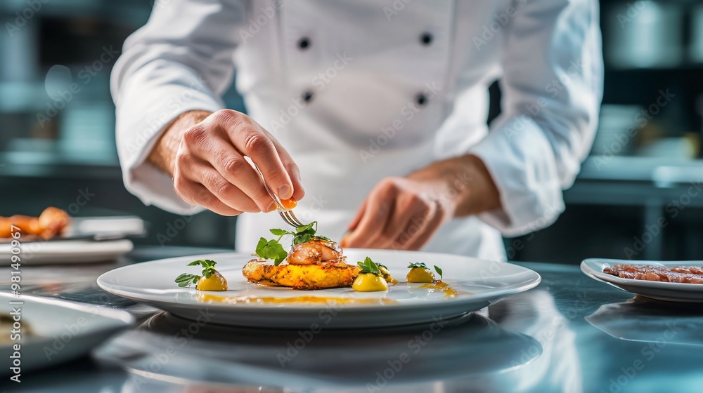 chef in a well-equipped kitchen arranging microgreens on a plated dish with precision, copy space chef in a well-equipped kitchen arranging microgreens on a plated dish with precision, copy space
