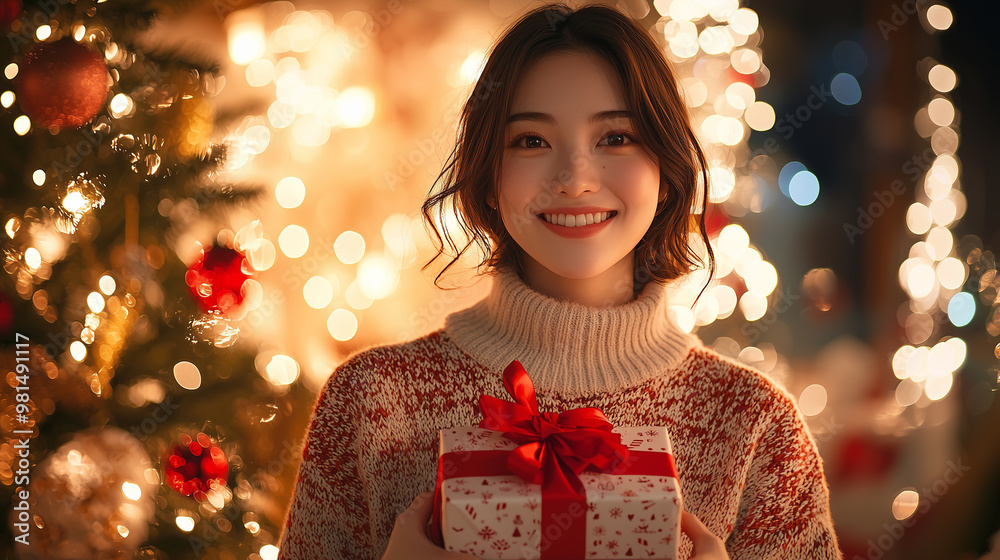 笑顔でプレゼントを贈る女性 笑顔でプレゼントを贈る女性