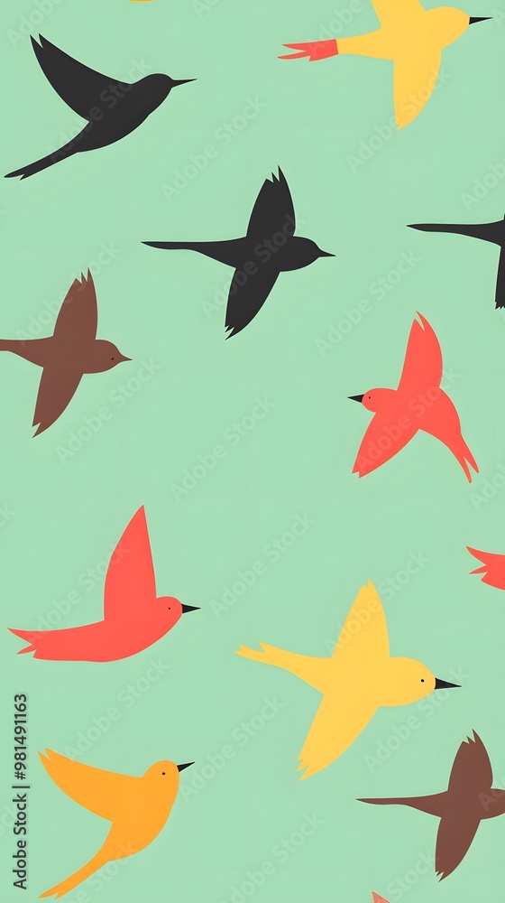 Colorful birds fly in a bright, green sky. Colorful birds fly in a bright, green sky.