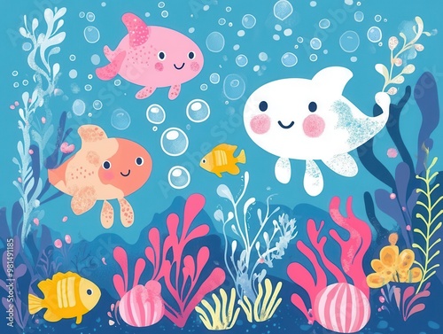 whimsical sea creatures cartoon colorful underwater fantasy world