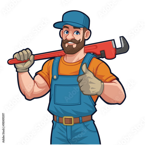 Handyman Carrying a Big Pipe Wrench Mascot