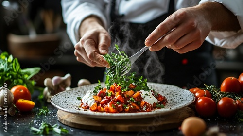 chef in a well-equipped kitchen arranging microgreens on a plated dish with precision, copy space