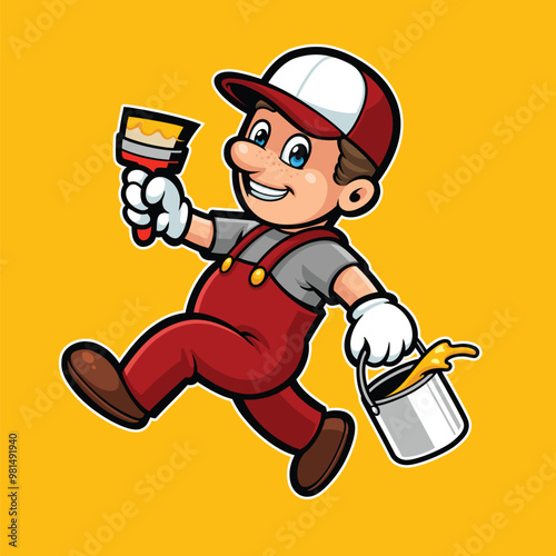 Mascot Design of a Handyman carrying a Bucket of paint, and a Paint Brush