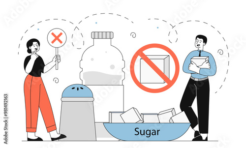 People with reduction salt sugar. Man and woman with good diet and proper nutrition. Culinary and cooking. Discipline and moderation. Linear vector illustration