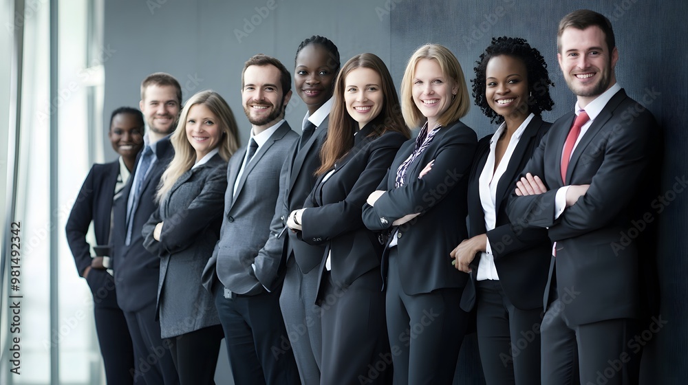 Diverse group of business professionals stand together, smiling. Diverse group of business professionals stand together, smiling.