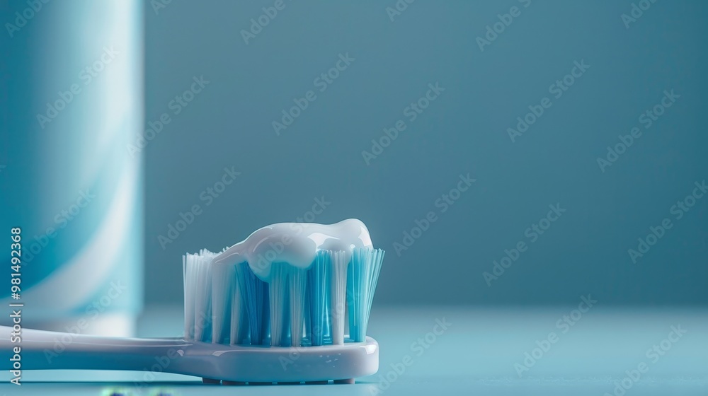 A CloseUp Image of a Toothbrush that has Toothpaste on it, Resting on a Bright Blue Surface Background